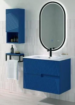 Mueble Suspendido 2 Cajones Frente Fresado Liso De MDF 22 Mm Acabado Océano + Lavabo Cerámico Grosor 1,7 Cm Blanco Brillo – Saser – DP Baños