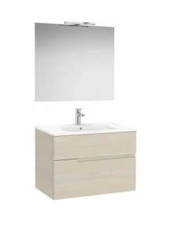 Pack – Conjunto De Mueble Base De Dos Cajones, Lavabo Y Espejo Luna Con Aplique LED Starlight – Victoria-N – Roca