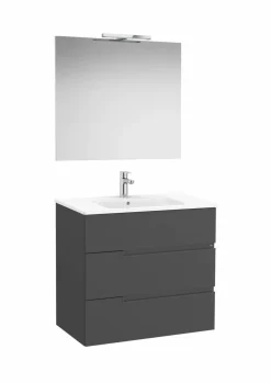 Pack – Conjunto De Mueble Base De Tres Cajones, Lavabo Y Espejo Luna Con Aplique LED Starlight – Victoria-N – Roca