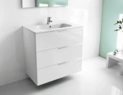 Pack – Conjunto De Mueble Base De Tres Cajones, Lavabo Y Espejo Luna Con Aplique LED Starlight – Victoria-N – Roca