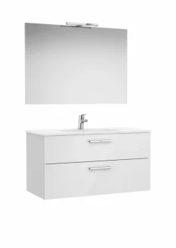 PACK – Conjunto De Mueble Base Con Dos Cajones, Lavabo De Sobremueble, Espejo Y Aplique LED – Victoria – Roca
