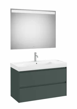 PACK – Conjunto De Mueble Base De Dos Cajones, Lavabo Y Espejo Eidos Con Luz LED Integrada En La Parte Superior – Ona – Roca