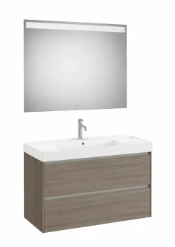 PACK – Conjunto De Mueble Base De Dos Cajones, Lavabo Y Espejo Eidos Con Luz LED Integrada En La Parte Superior – Ona – Roca