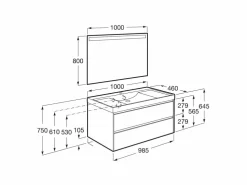 PACK – Conjunto De Mueble Base De Dos Cajones, Lavabo Y Espejo Eidos Con Luz LED Integrada En La Parte Superior – Ona – Roca