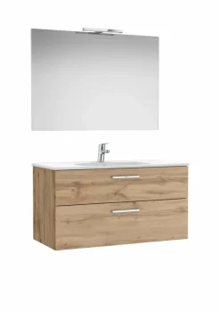 PACK – Conjunto De Mueble Base Con Dos Cajones, Lavabo De Sobremueble, Espejo Y Aplique LED – Victoria – Roca