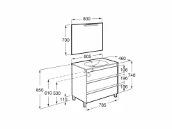 PACK – Conjunto De Mueble De Tres Cajones Con Lavabo Y Espejo Victoria Con Aplique LED Starlight. Incluye Patas – Tenet – Roca
