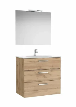PACK Family – Conjunto De Mueble Base Con Tres Cajones, Lavabo De Sobremueble, Espejo Y Aplique LED – Victoria – Roca