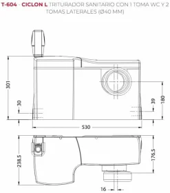 Triturador Sanitario Con Toma Wc2 Tomas Laterales (Ø40 Mm). Motor: 550 W. Bombeo Hasta 6 M De Altura O 62 M En Horizontal – T-604.075001 – Ciclon L – Jimten