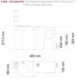 Triturador Sanitario Con Toma Wc 1 Toma Lateral (Ø40 Mm). Motor: 470 W. Bombeo Hasta 5 M De Altura O 52 M En Horizontal – T502.075601 – Ciclon FIT2 – Jimten
